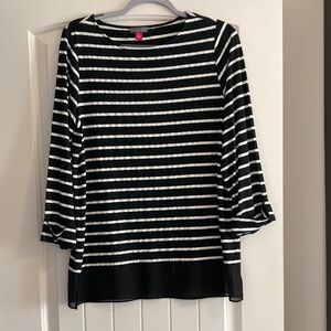 Vince Camuto Black and White Striped Cuffed Three-Quarter Sleeve Top